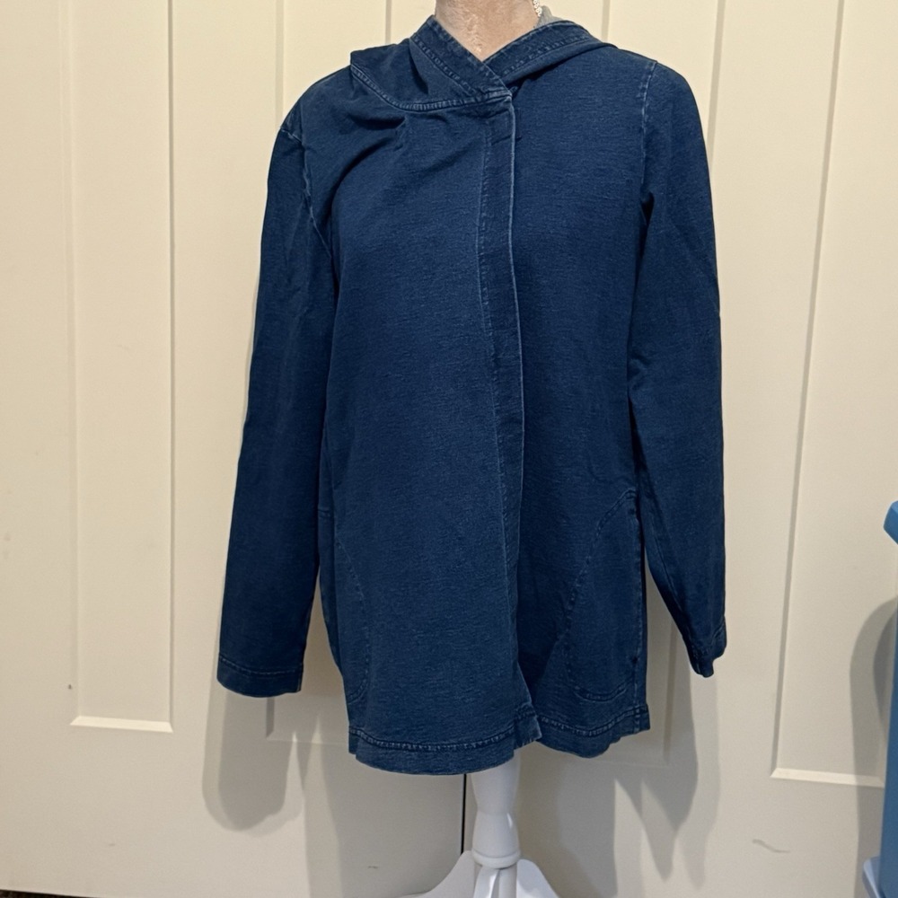 J Jill Pure Jill Women's Size M Missy Blue Indigo Jacket Pockets Stretch Hood